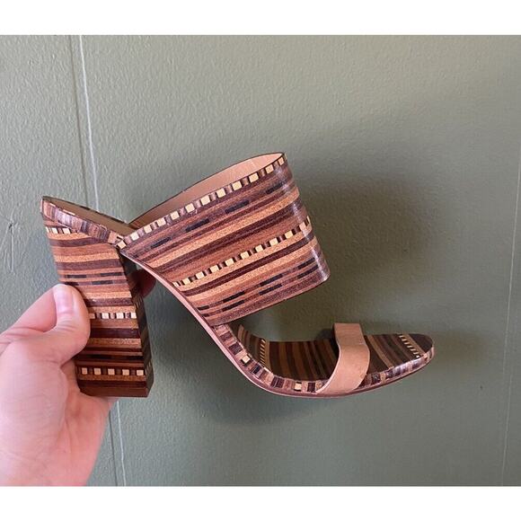 Vince Camuto Brown & Beige Becca Heel Slip On Leather Sandals Size 9 Wood tone - Picture 5 of 12